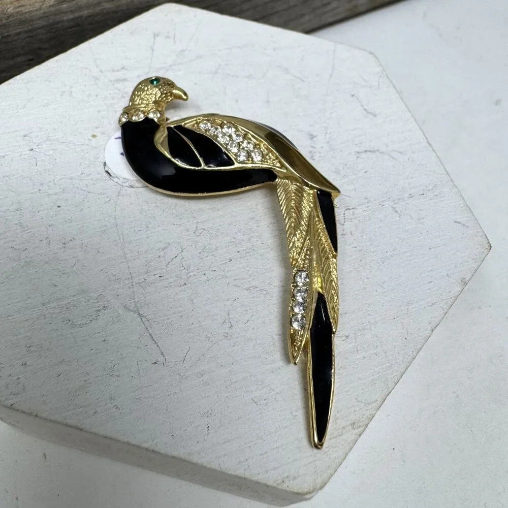 Vintage Gold-Tone Enamel & Rhinestone Parrot Brooch With Emerald Eye